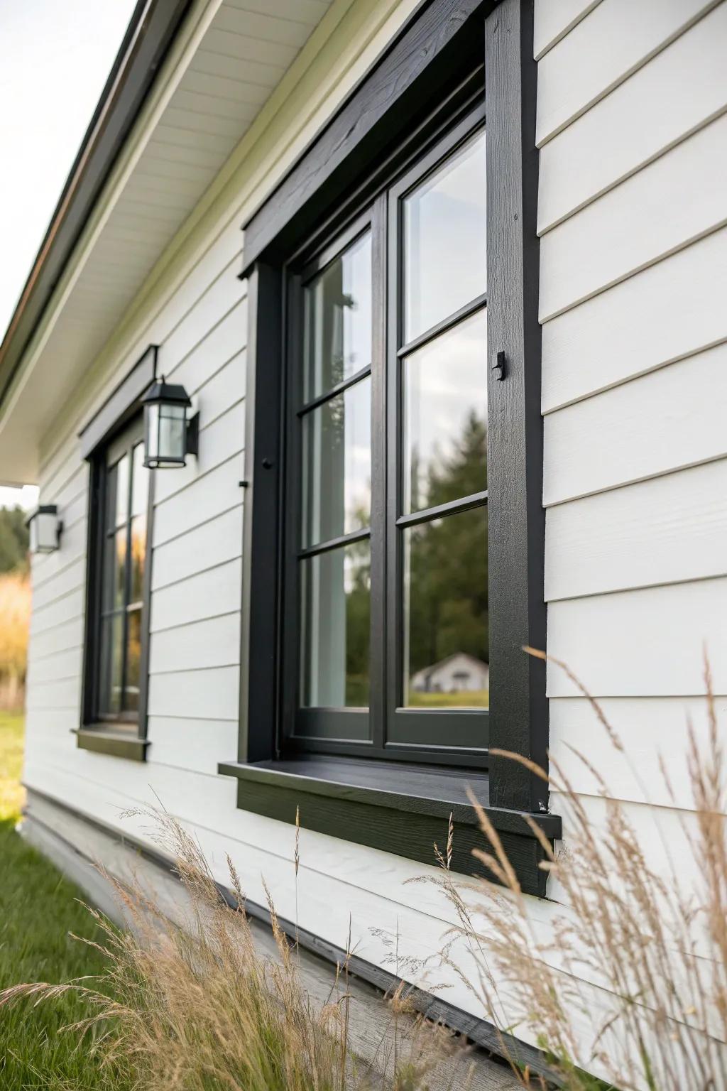 Matte black wood trim on white siding—clean contrast that makes windows feel instantly modern.