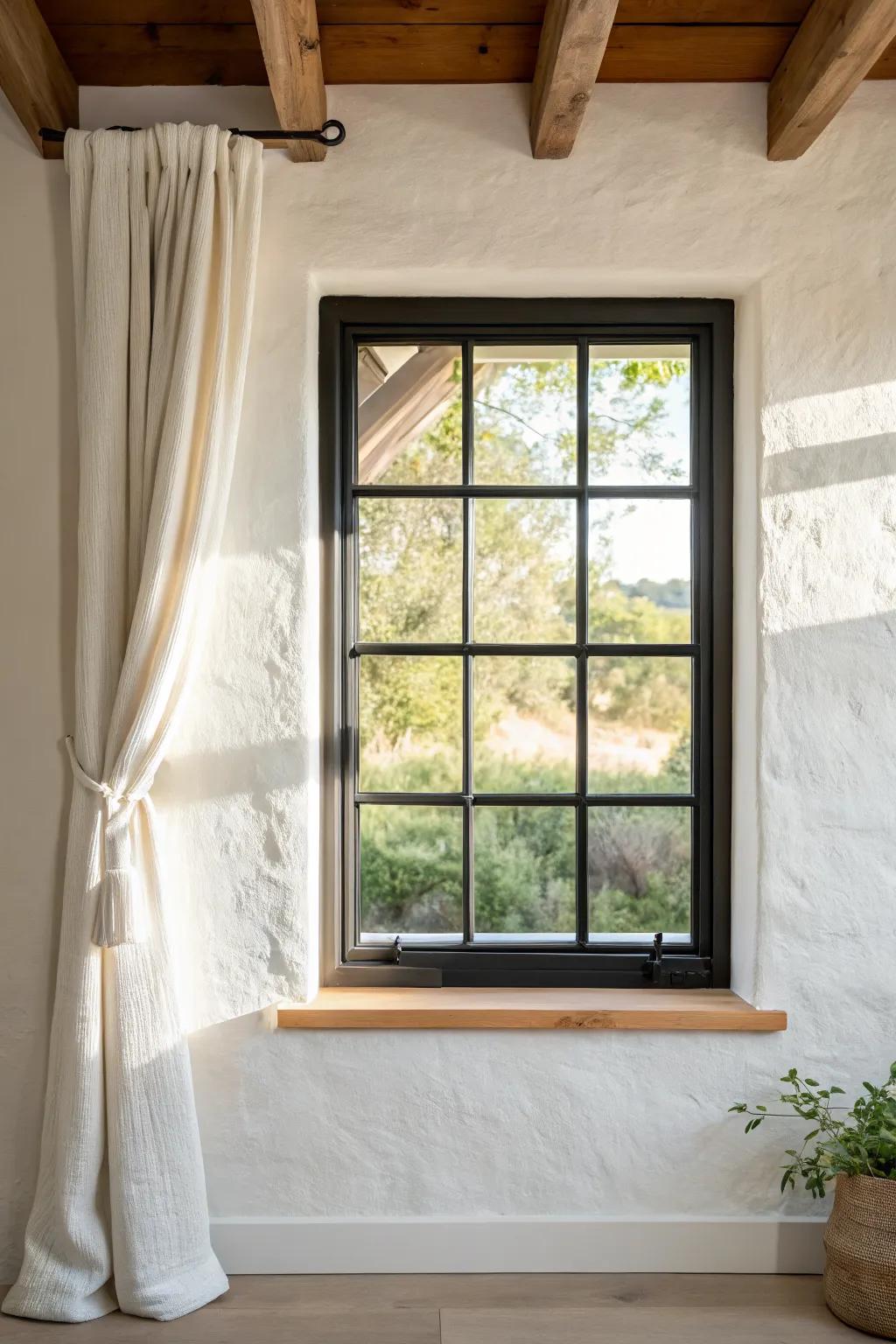 Big black-framed grid windows bring modern edge to a cozy farmhouse look—simple and striking.