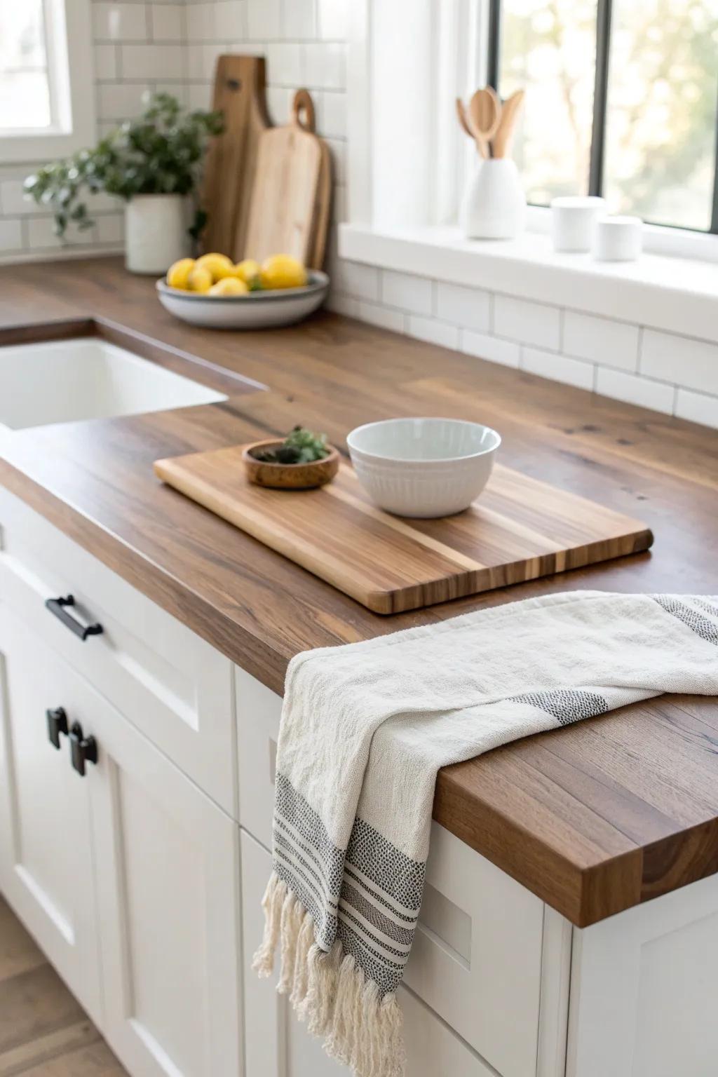 White quartz perimeter, warm wood prep zone—farmhouse charm with easy-care minimalism.