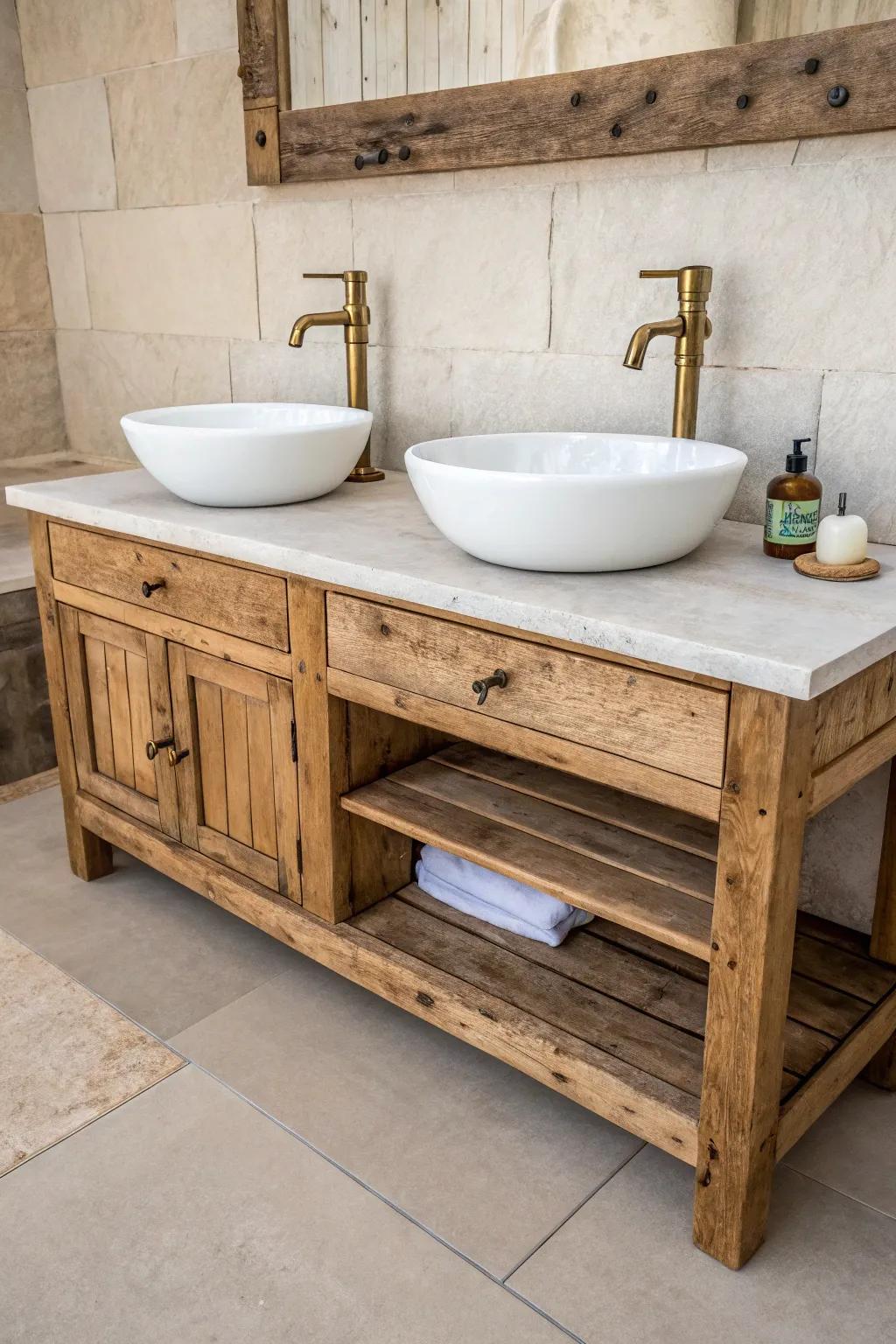 Reclaimed wood double vanity with visible saw marks—modern farmhouse warmth, clean and calm.