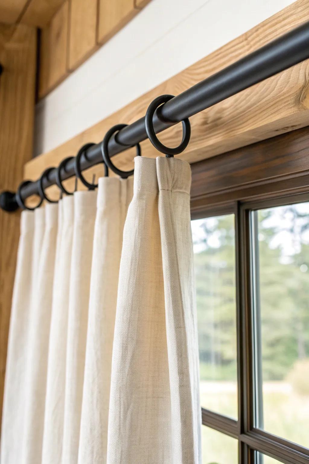 Matte black curtain rods and simple rings—an instant modern farmhouse upgrade with crisp contrast.