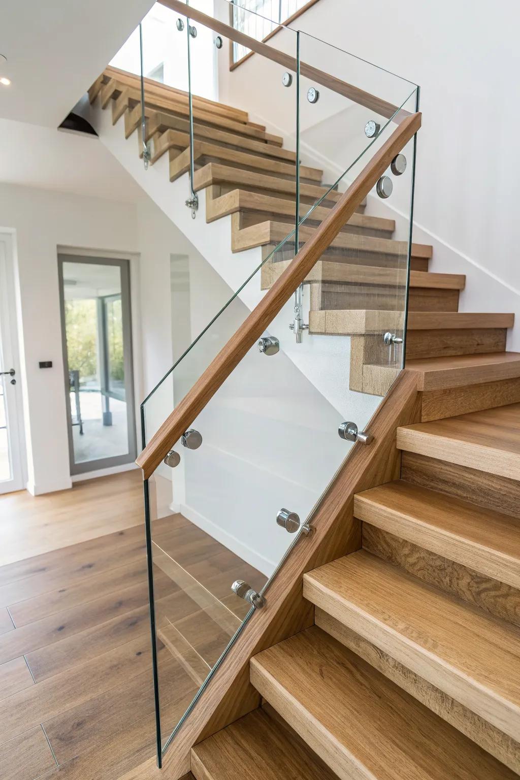 Warm oak floating stair with frameless glass railing—open sightlines, pure Scandinavian calm.