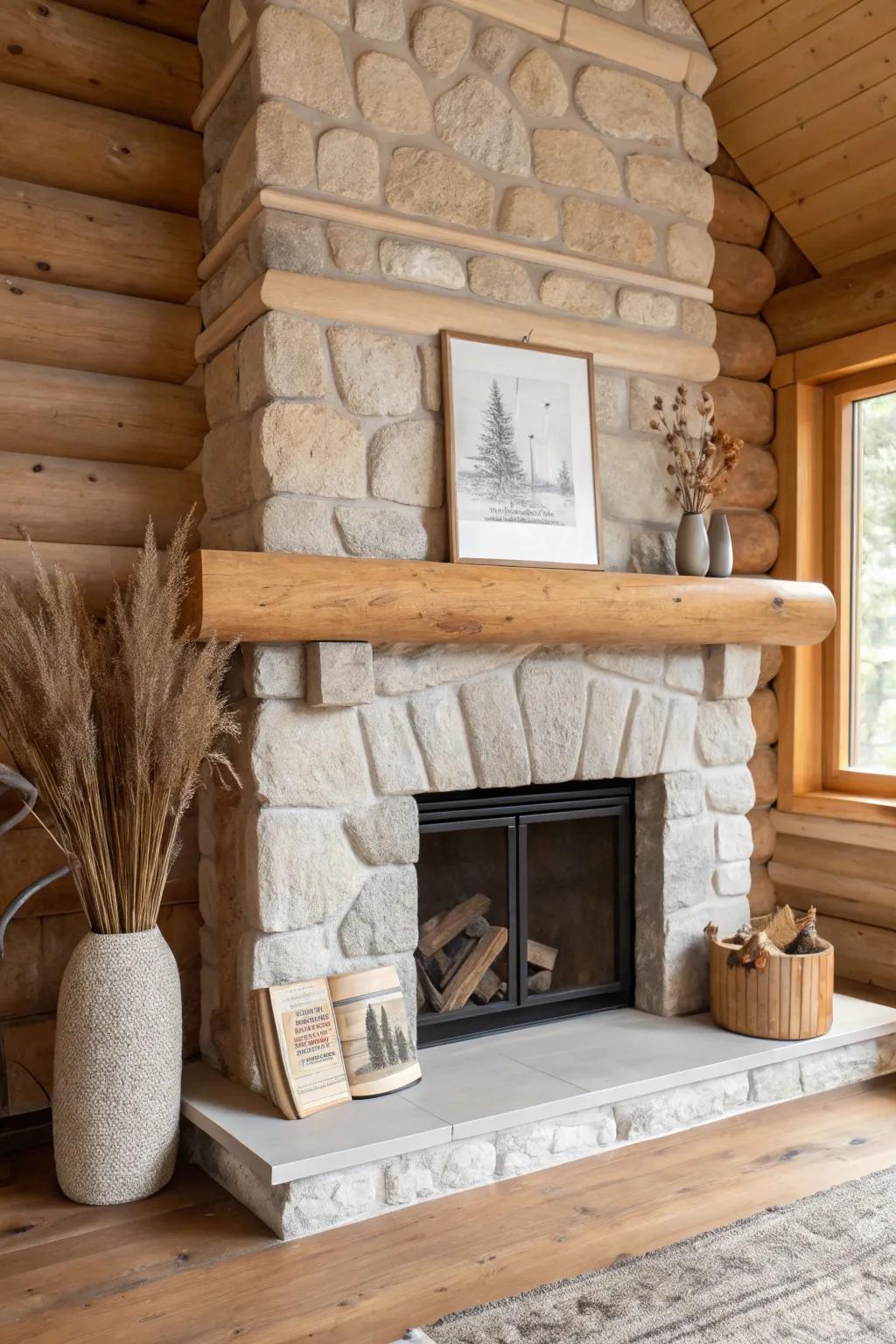 Let the stone fireplace shine—one vase, one print, and a tidy wood stack for calm contrast.