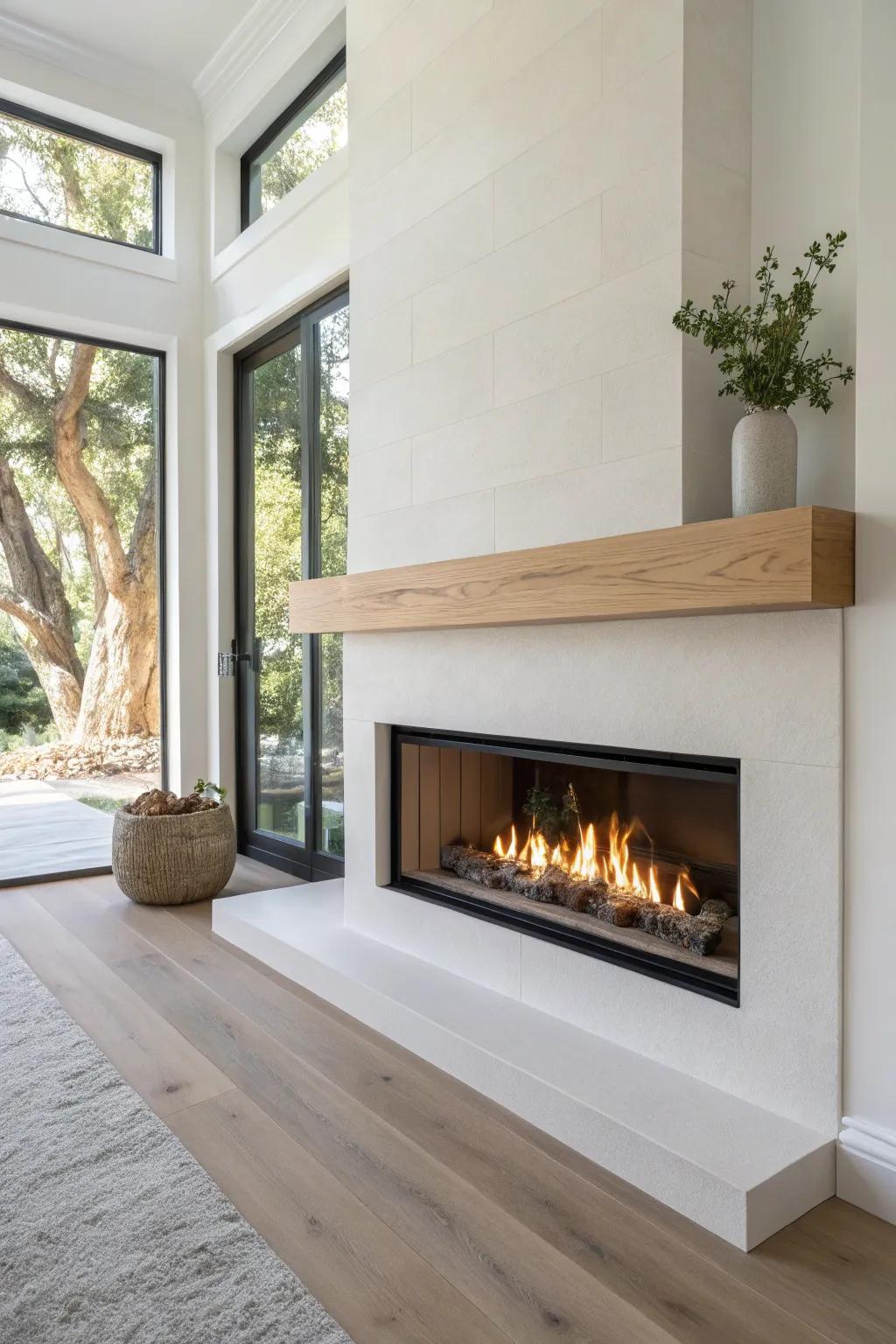 Frameless, flush-mount fireplace with a crisp oak mantel—pure modern luxury minimalism.