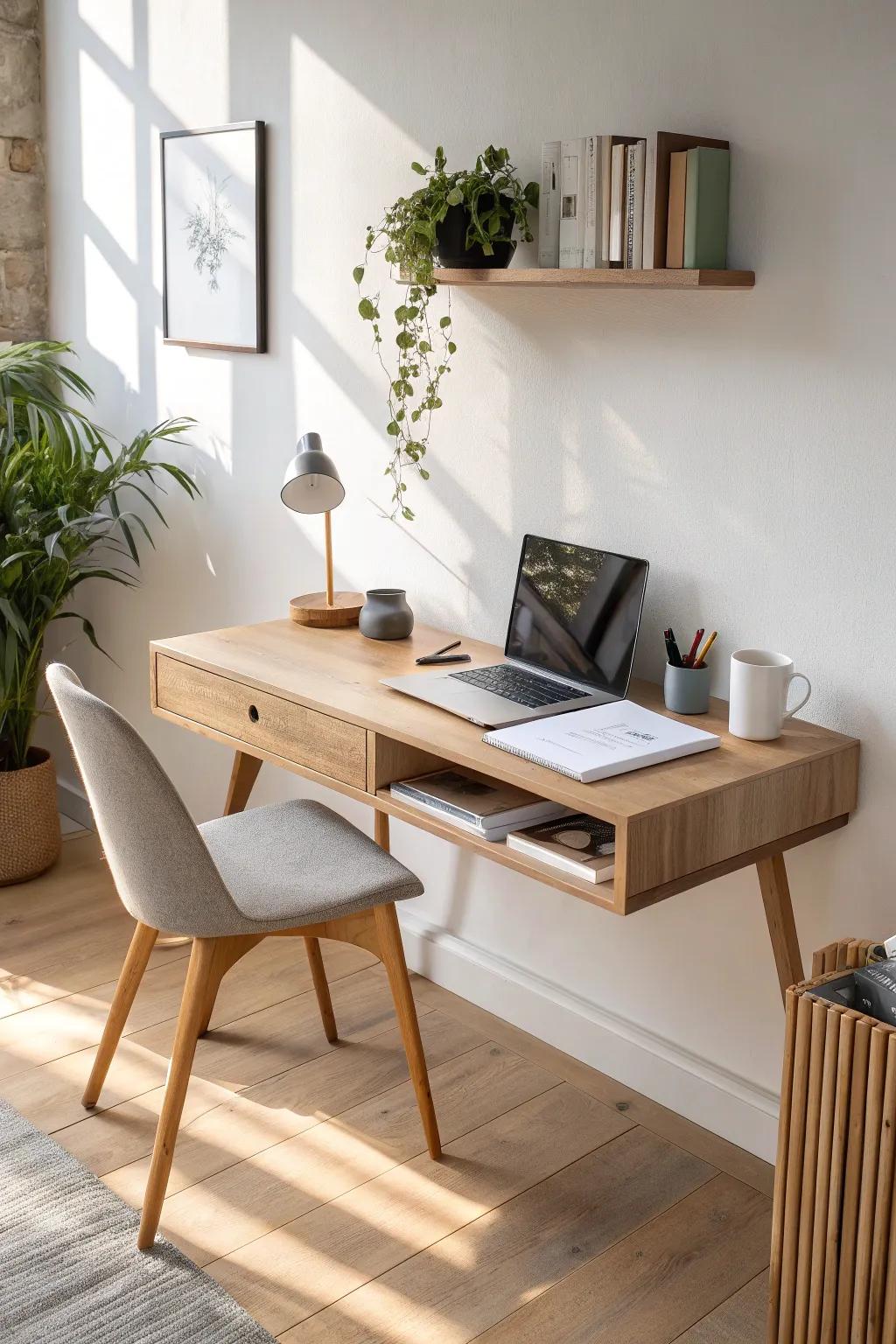 Floating oak wall desk: minimalist, sturdy, and perfect for small modern home offices.