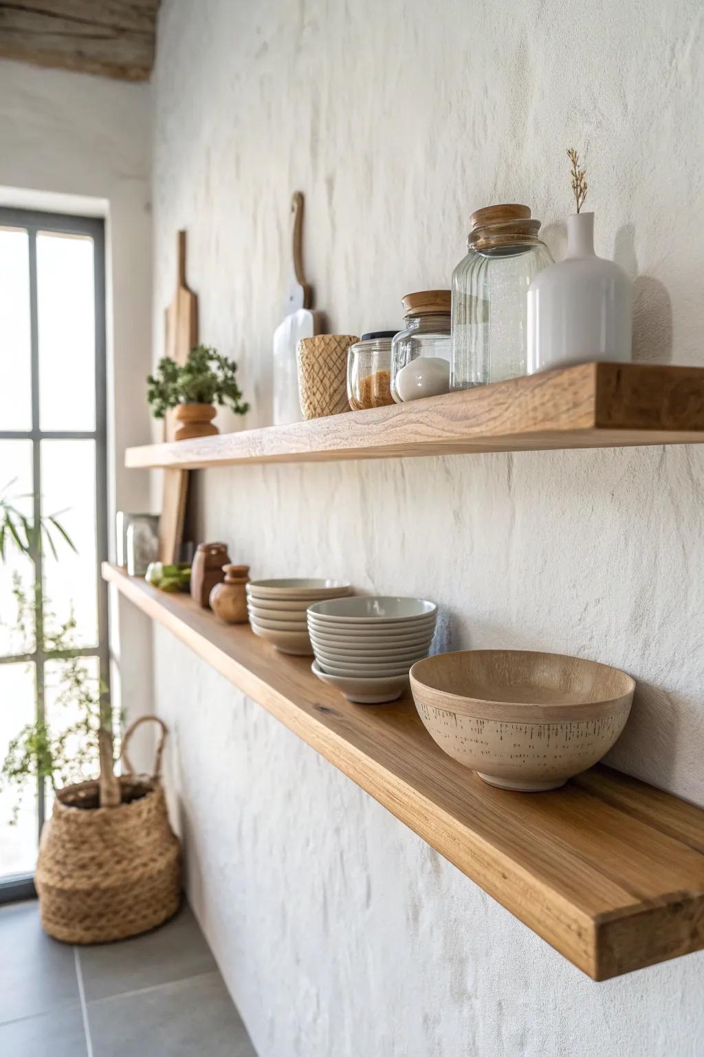 One long floating oak shelf creates a sleek “horizon” and makes the kitchen feel architectural.