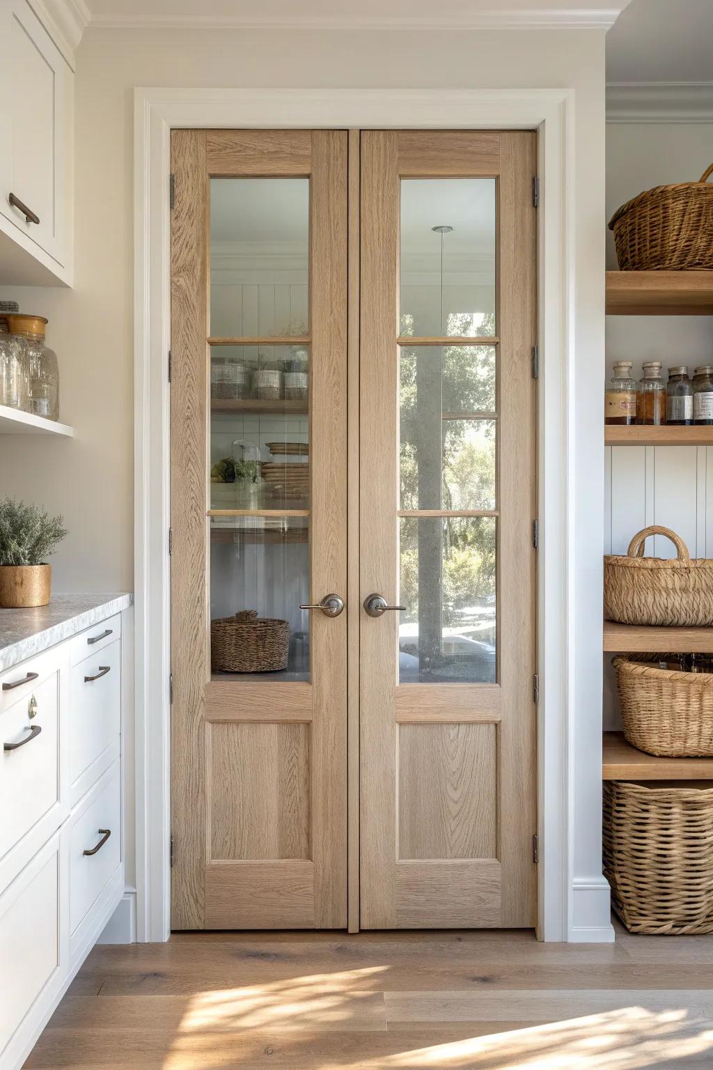 Clear-glass French pantry doors that brighten your kitchen and show off pretty pantry styling.