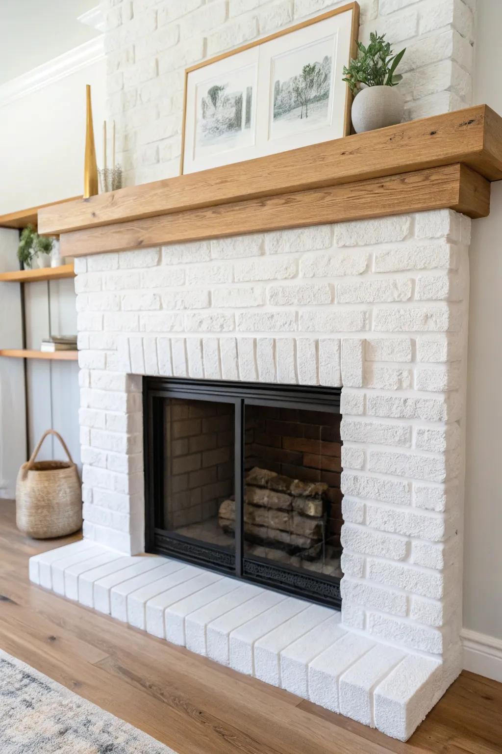 Whitewashed brick and clean trim—bright rustic texture with a simple oak mantel.