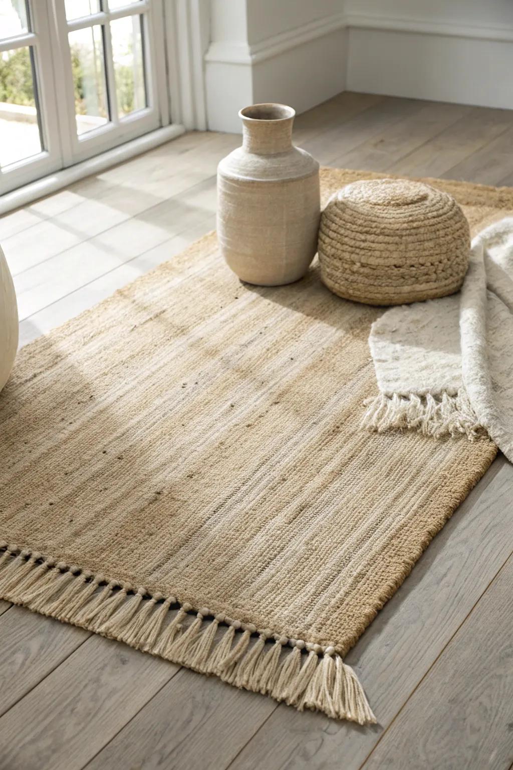 Layer neutral rugs for a soft, collected look—cozy texture without adding loud color.