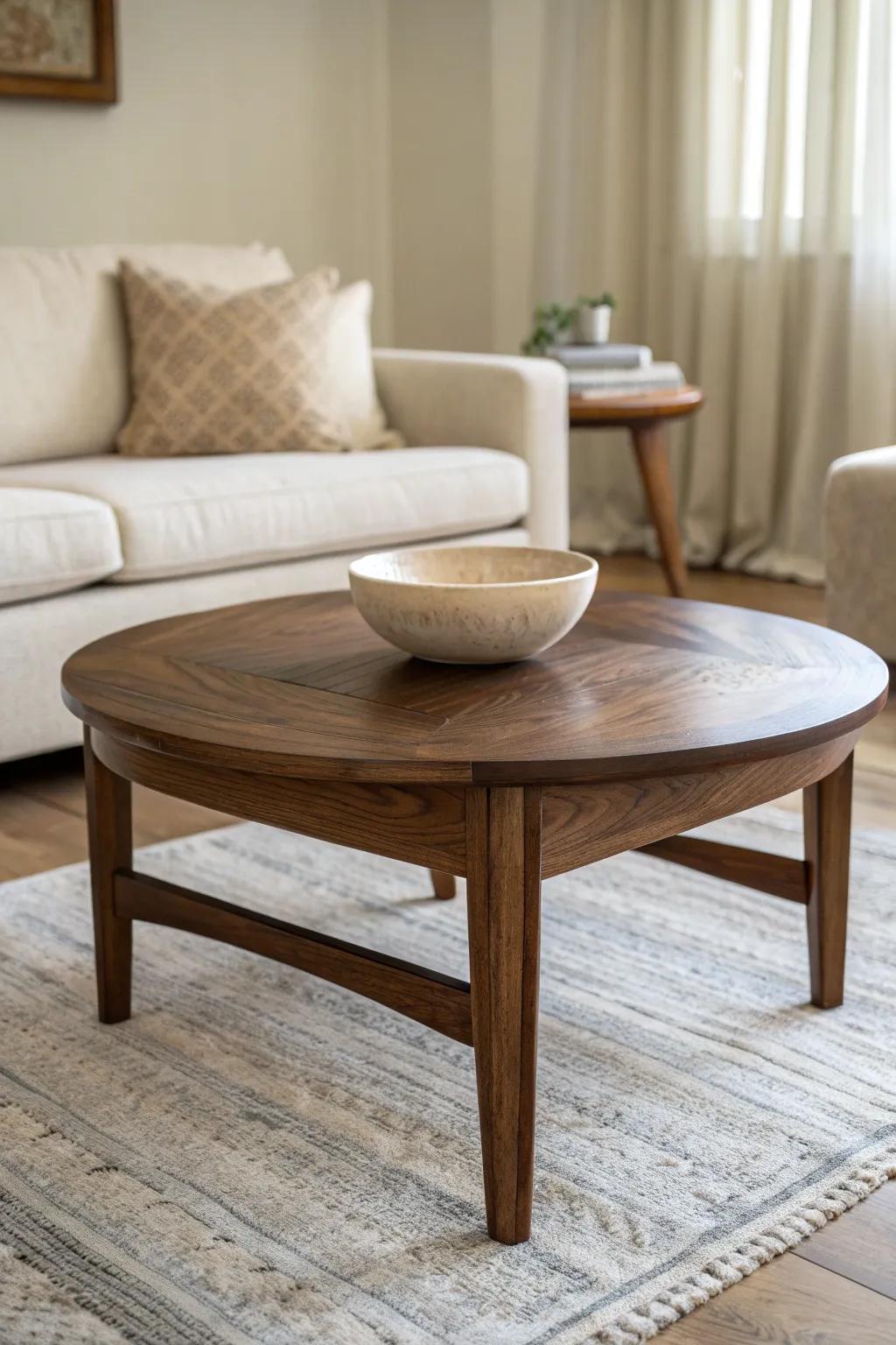 Light neutrals, dark wood—this handcrafted table grounds a modern traditional living room.