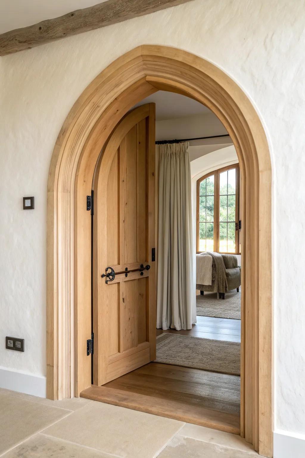 A Tudor arch, widened for modern flow—warm oak craftsmanship meets airy minimalist openness.