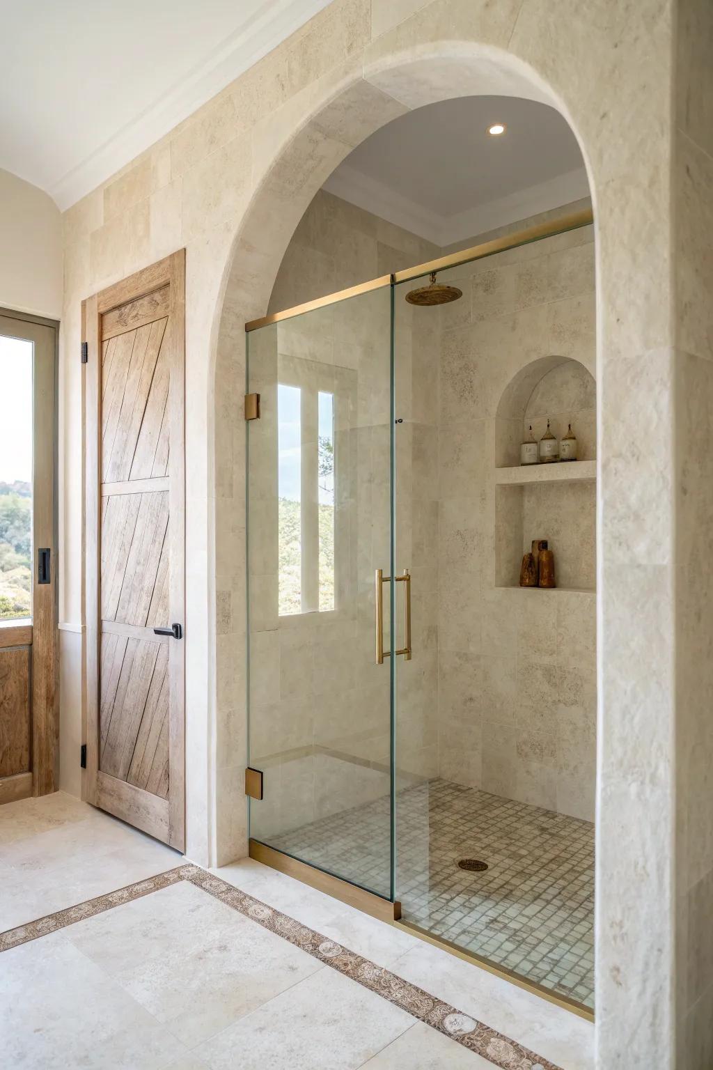 Soft Tuscan arch meets frameless glass—an airy shower opening that feels larger and modern.