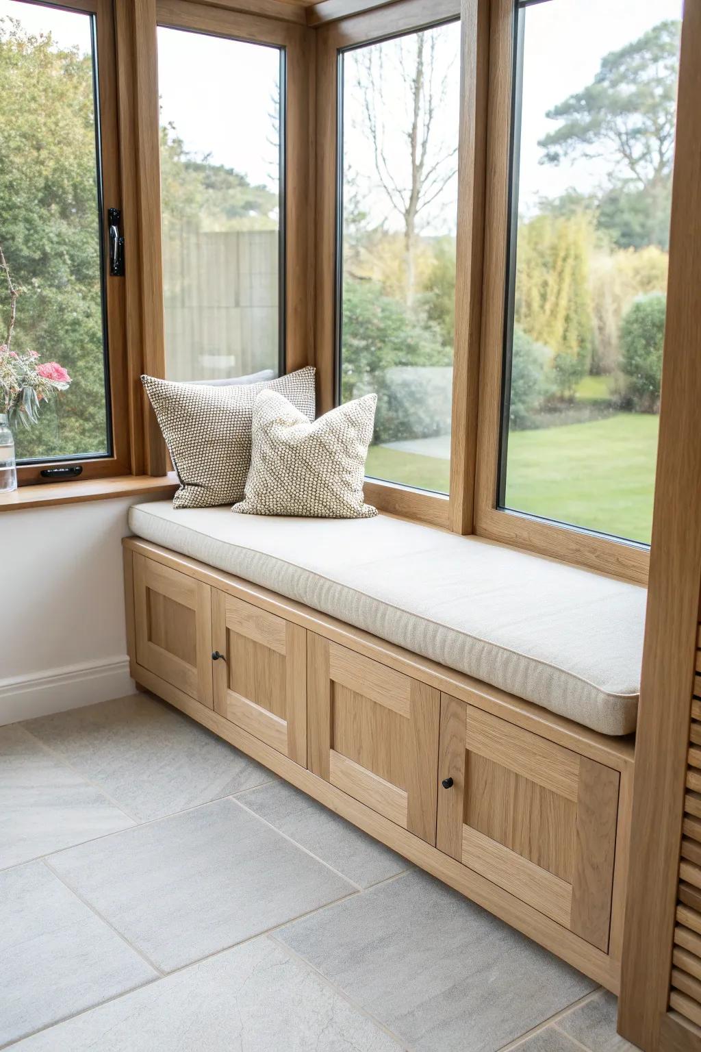 Custom oak bay window seat that follows every angle—minimal, bright, and beautifully crafted.