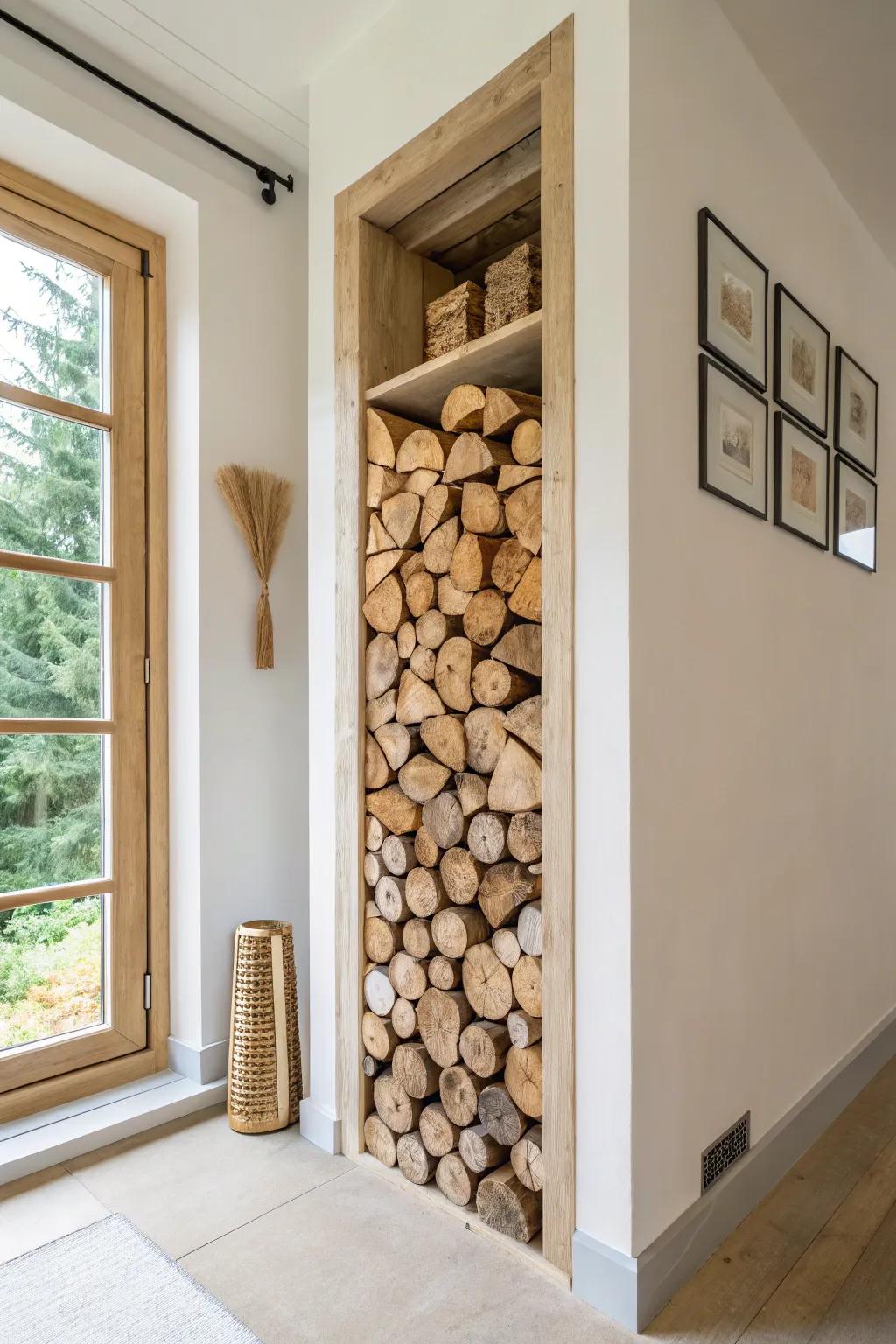 A tall built-in log niche turns stacked firewood into modern, textured fireplace decor.