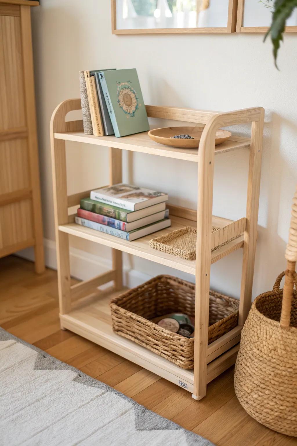 A calm three-tier Montessori shelf in light wood—more space for bigger kids, still minimal.
