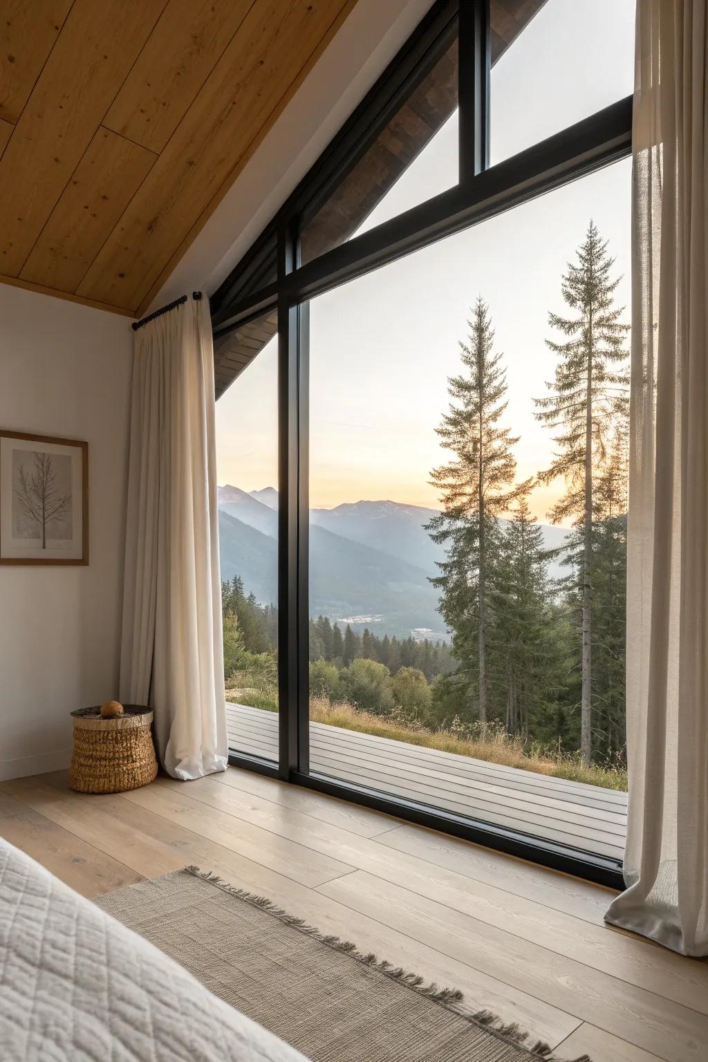 Dark-framed picture windows add modern lodge contrast—and let the mountain view do the decor.