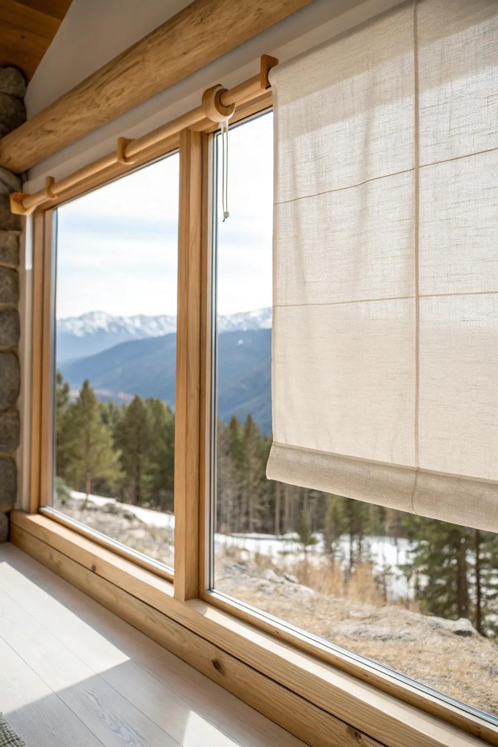 Simple linen shade on an oak rod—soft light indoors, dramatic mountain views outside.