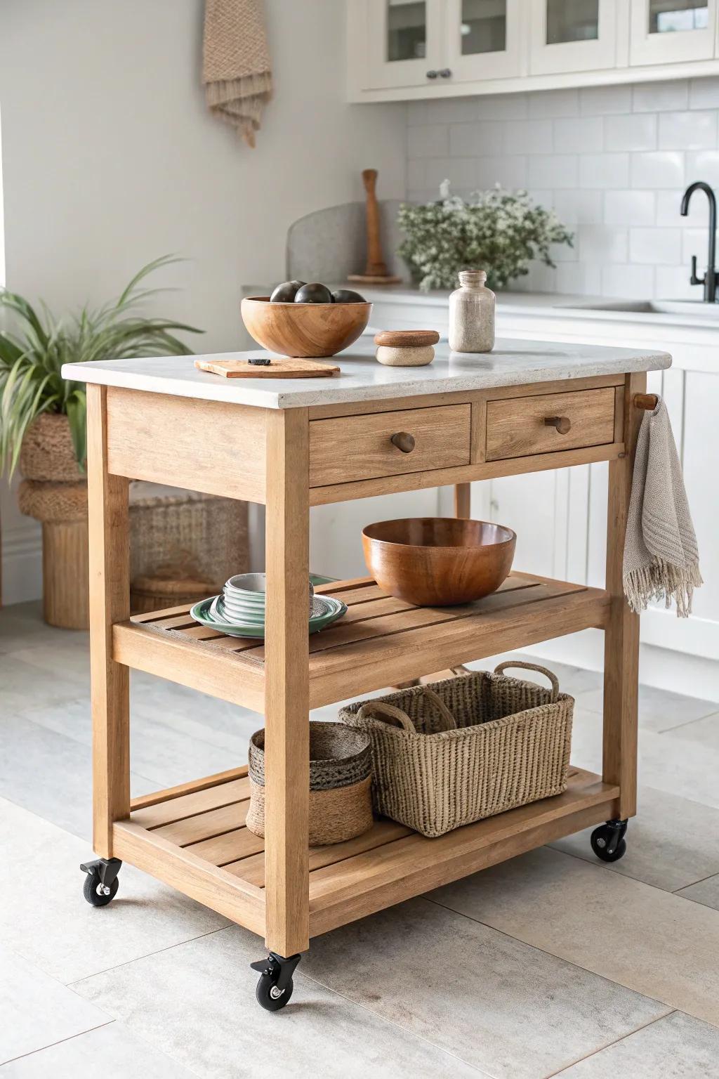 Airy open-shelf rolling island in light oak—grab-and-go storage that keeps small kitchens light.
