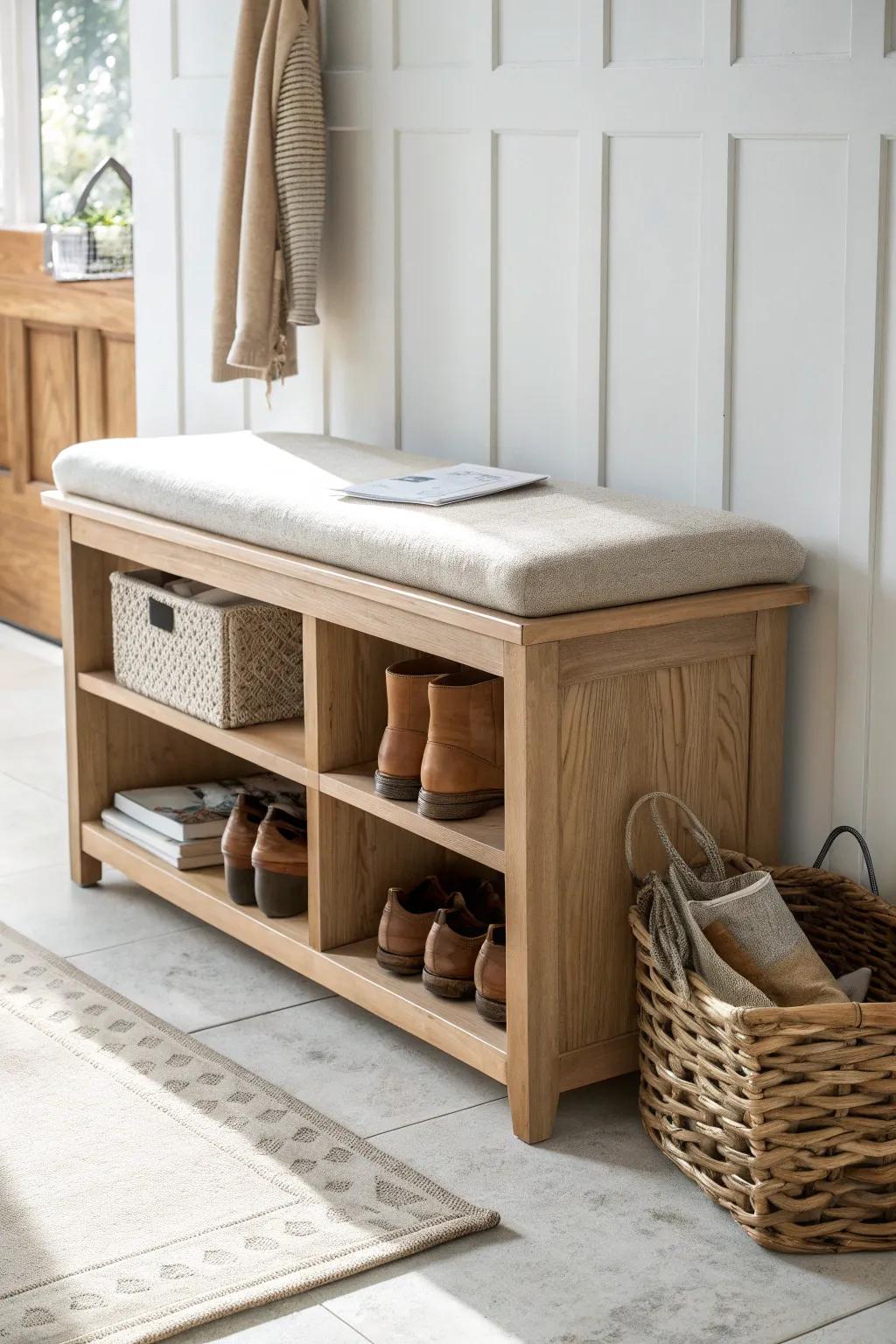 Light oak bench with built-in shoe cubbies—plus a taller slot that finally fits real boots.