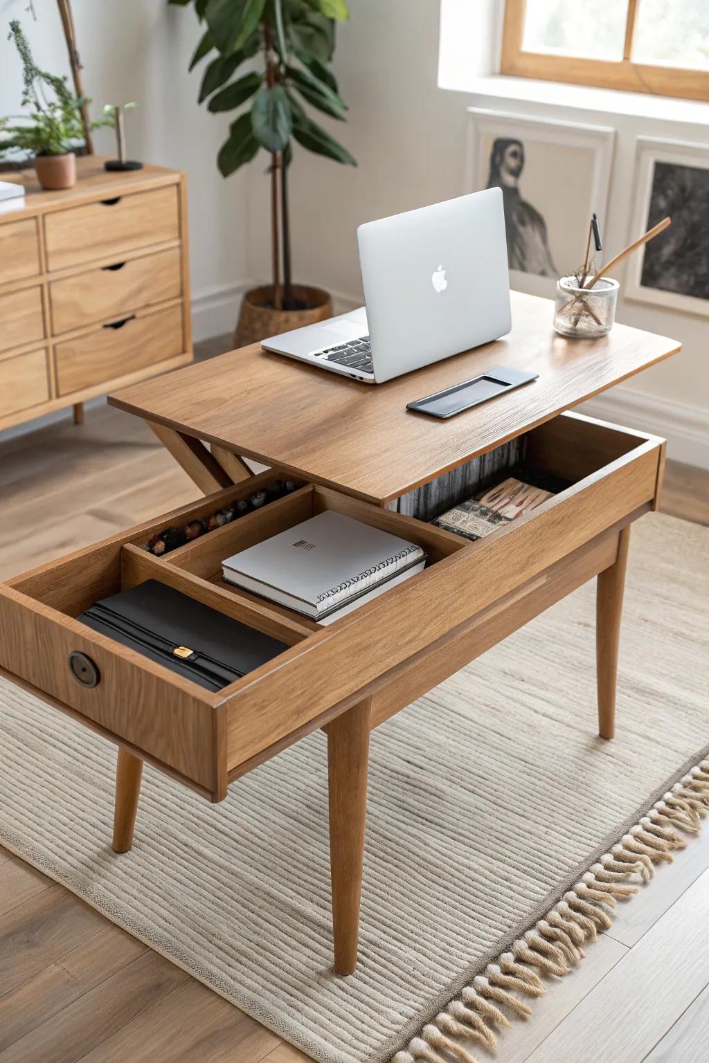 Lift-top coffee table that becomes a desk—hidden storage keeps tiny spaces calm and clutter-free.