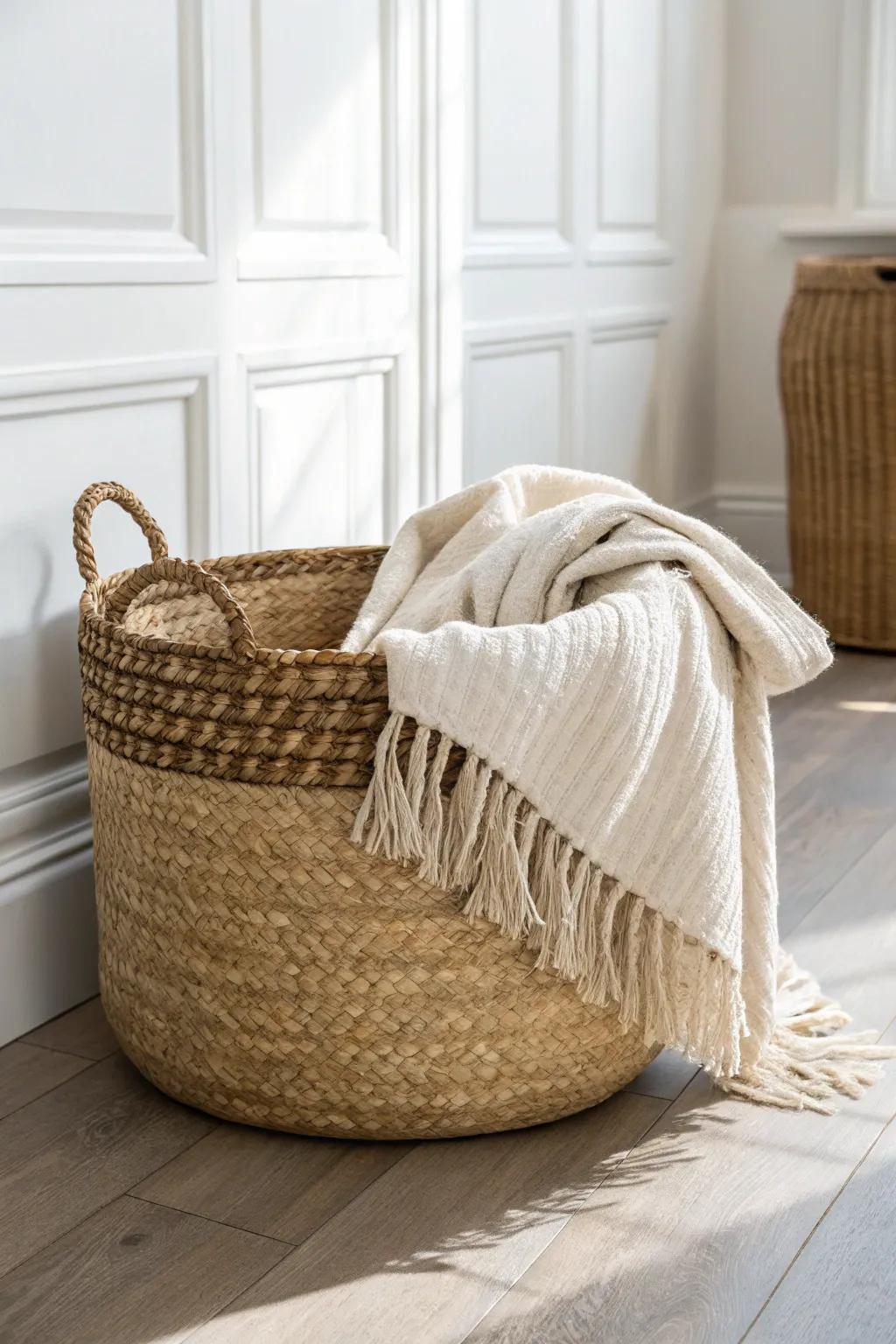 A woven basket that tames blankets and kid clutter—warm texture for calm, minimal rooms.