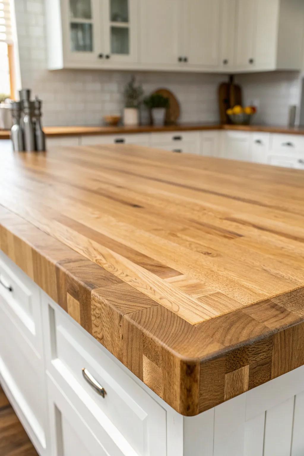 Handcrafted butcher block island top—warm grain, soft patina, and Scandinavian calm.