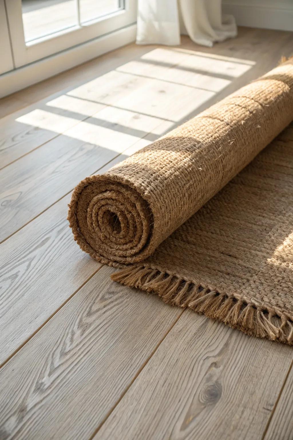 Earthy texture meets warm oak—add a jute or sisal rug for an instantly natural living room.