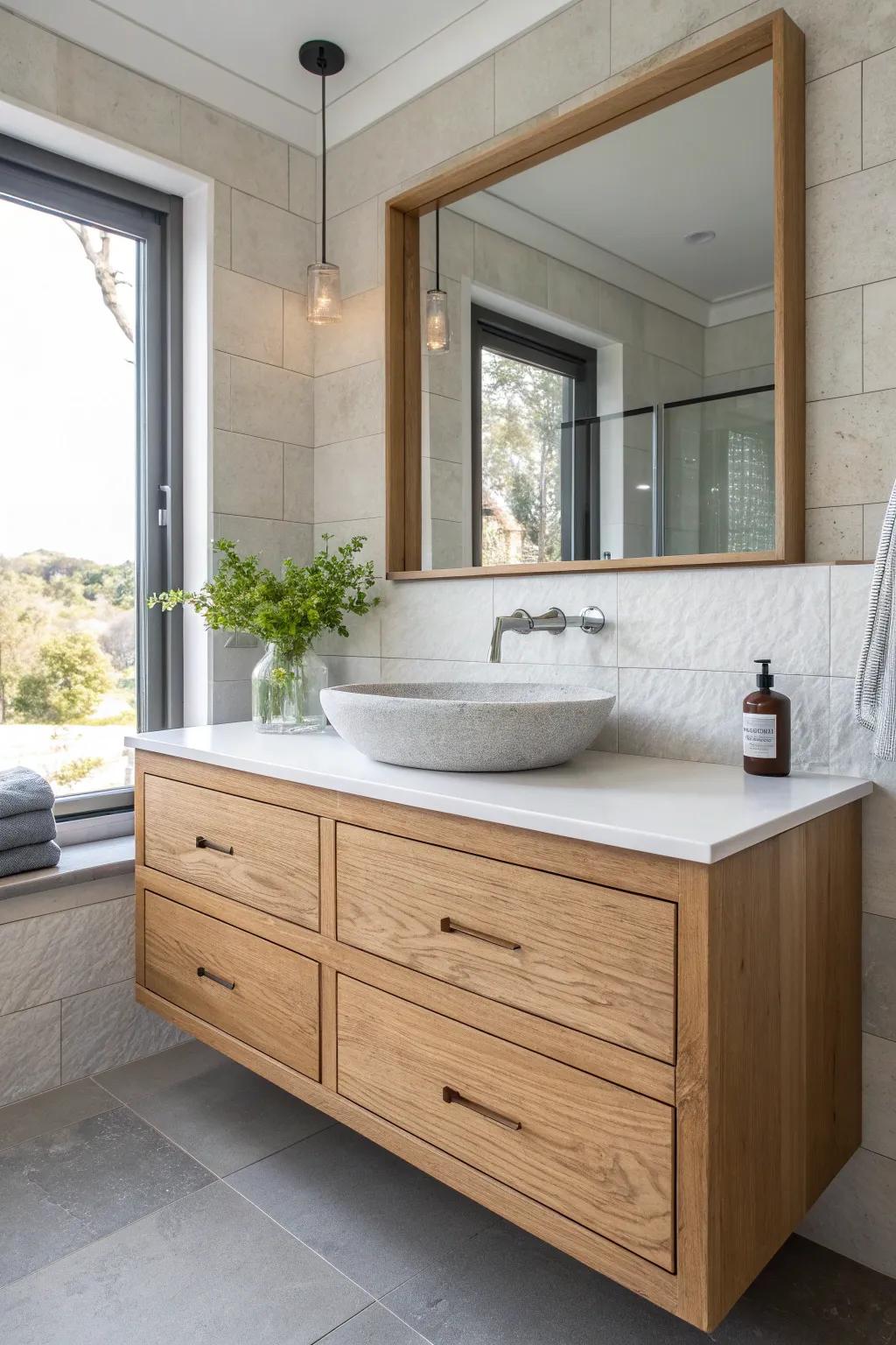 Wood + stone vanity: forest‑spa contrast that makes your bathroom feel instantly calmer.