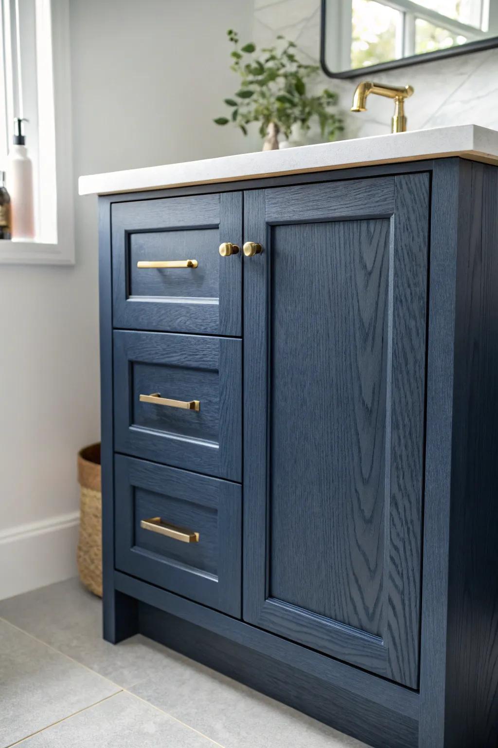 Brushed brass hardware adds warm, jewelry-like contrast to a deep navy vanity.