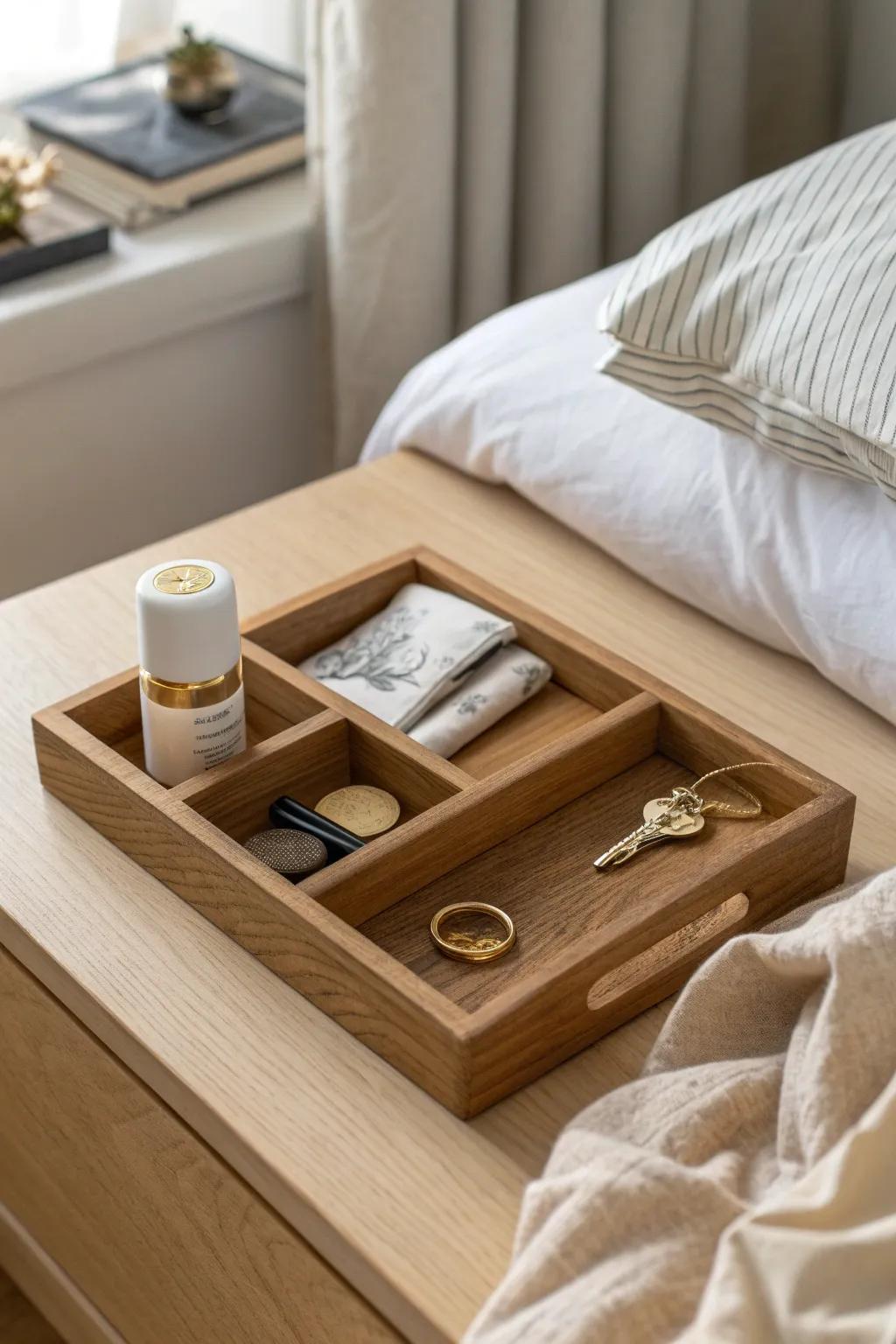 Modular wooden trays keep tiny essentials tidy—easy to rearrange as your needs change.