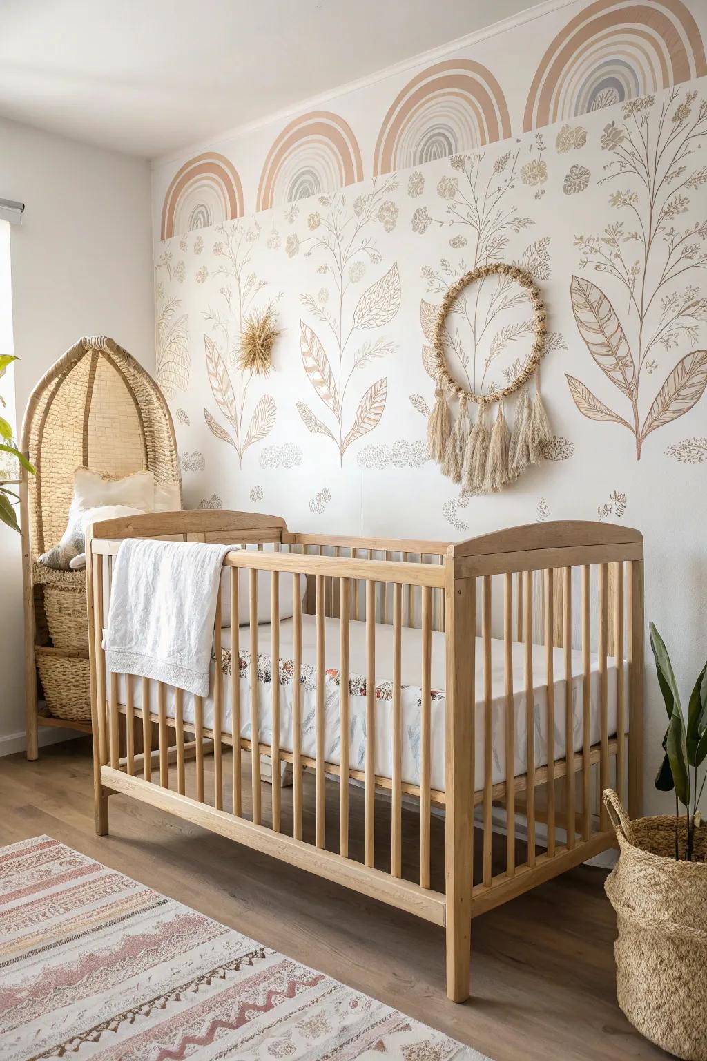 Instant nursery makeover: a light oak crib framed by removable wallpaper for a cozy feature wall.