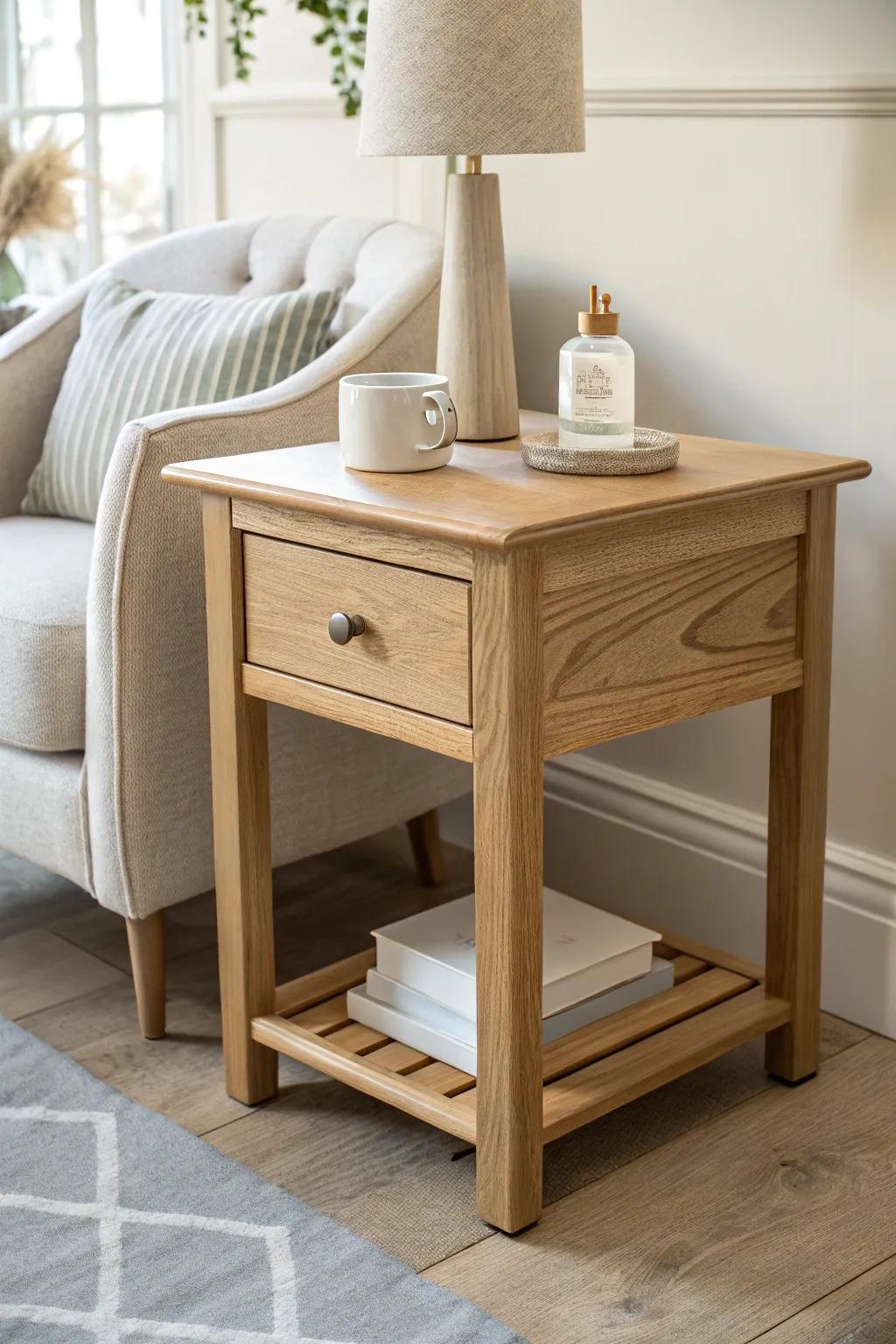 A slim oak chairside table with a tiny drawer—perfect for bottle, nightlight, and calm.