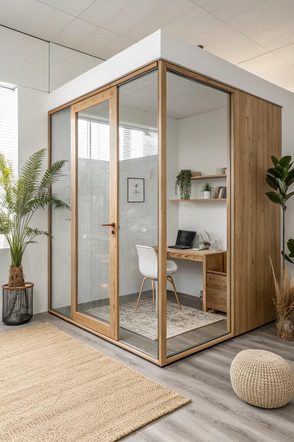 A glass-partition cabin with warm oak framing and frosted privacy band—bright, cozy, refined.