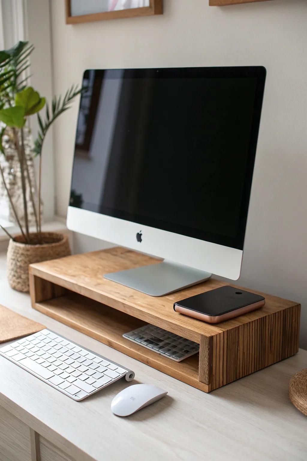 A simple wooden monitor riser that adds height, calm style, and hidden storage underneath.