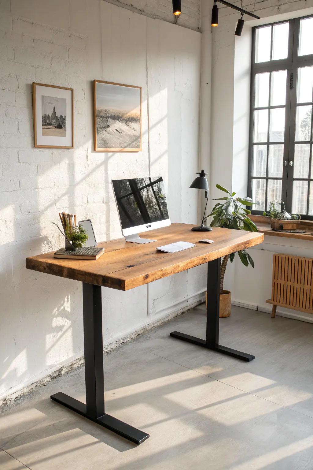 Chunky oak sit-stand desk with a rounded edge and matte black base—minimal, warm, and sturdy.