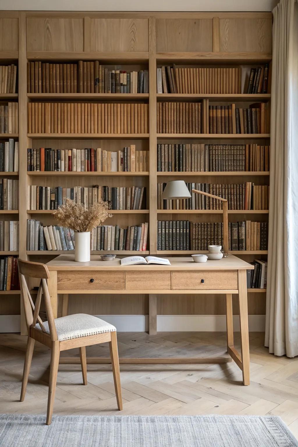 Library wall behind the desk adds depth and a private-study vibe—without extra furniture.
