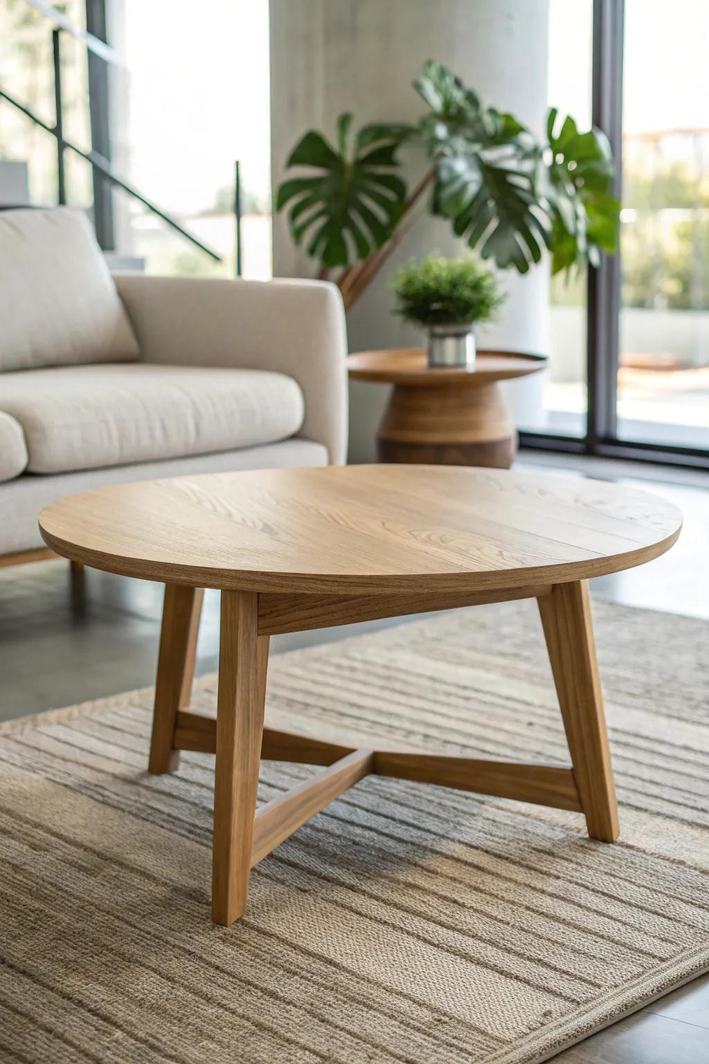 Low round oak coffee table—calm, crafted, and perfect for smooth lobby flow.