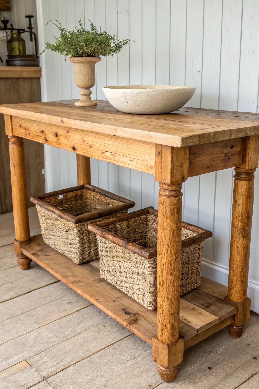 A freestanding farmhouse worktable island—salvaged legs, thick planks, and basket shelf charm.