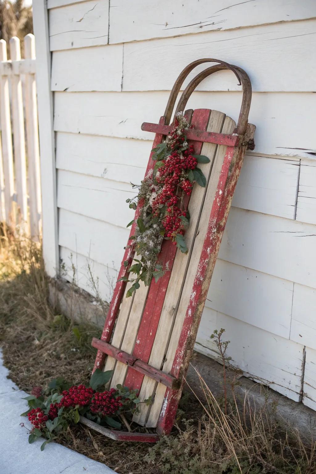 Red berry garland draped down a chipped red sled—simple, cozy, and beautifully nostalgic.