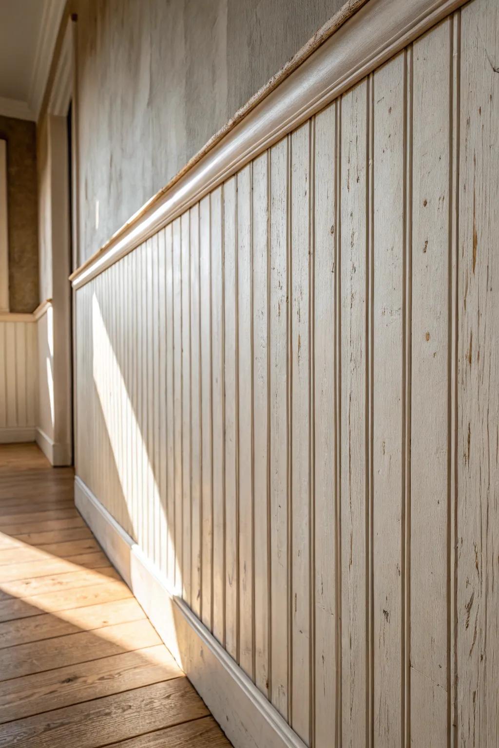 Tongue-and-groove wall panels bring instant cottage texture—minimal, warm, and timeless.