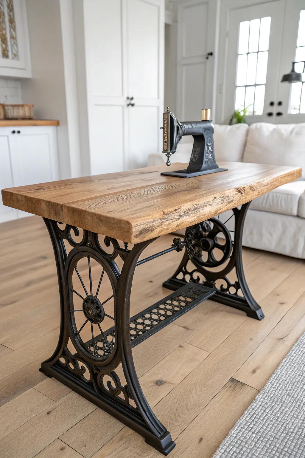 Vintage sewing machine base + chunky slab top: a rustic coffee table with timeless charm.
