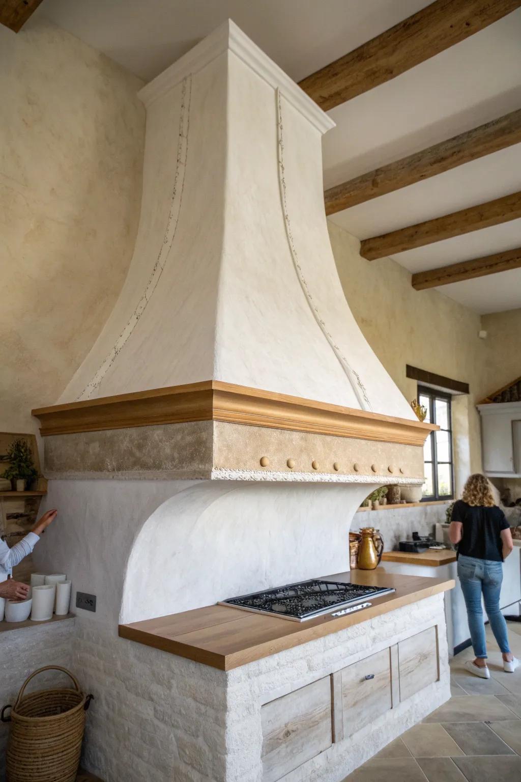 A sculptural plaster range hood with a slim oak band—old-world charm in minimalist style.