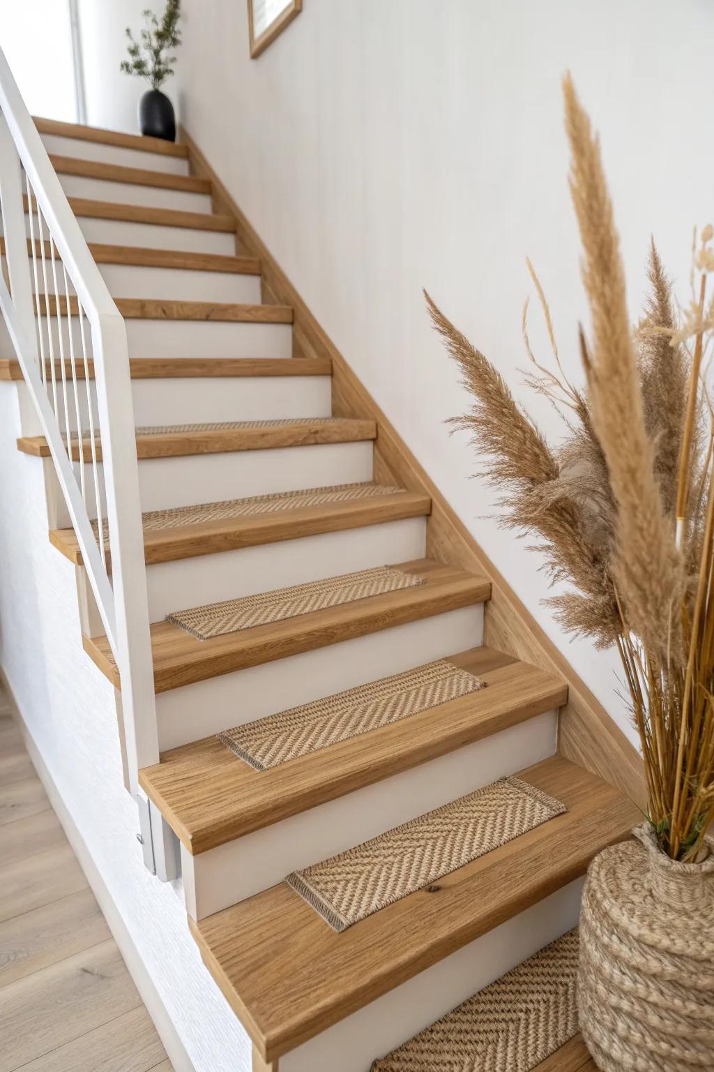 Centered mini-runner strips keep both wood edges visible—clean lines with cozy texture.