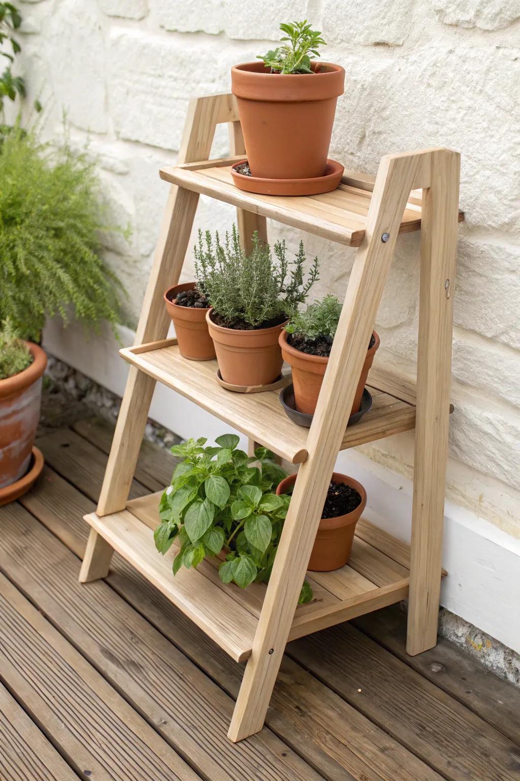 Stair-step herb stand with drainage holes—beautiful tiers that keep every pot sunny and dry.