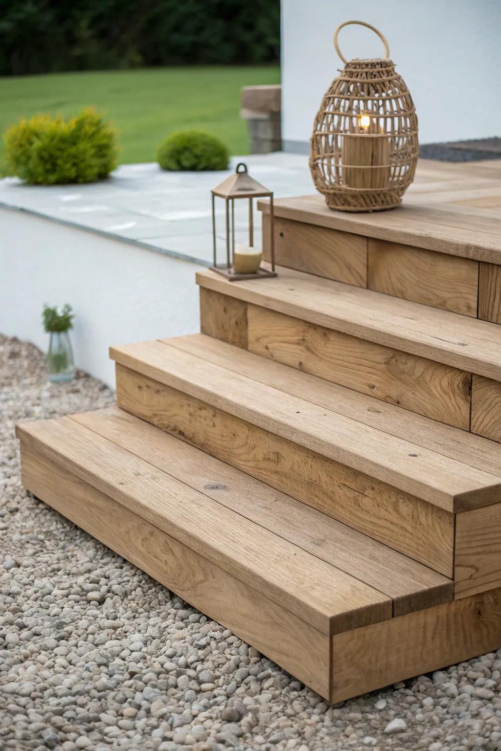 Tiered stacked steps that feel like mini decks—perfect for pauses, pots, and lantern glow.