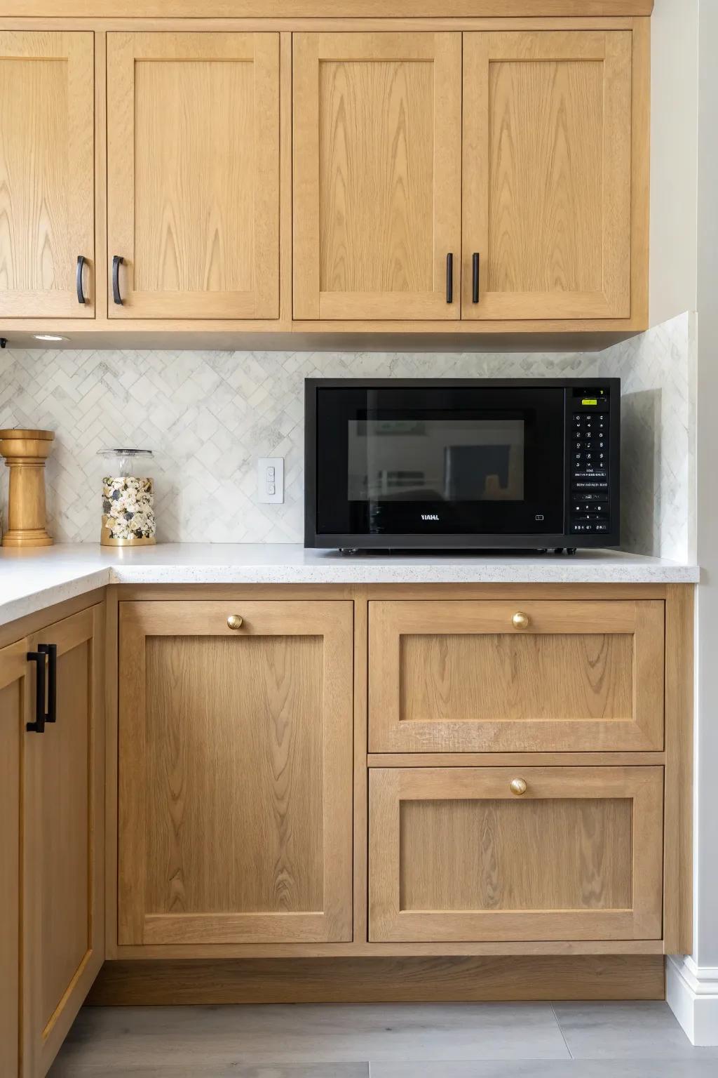 Symmetry wins: matching side cabinets around an over‑range microwave for a calm, custom look.