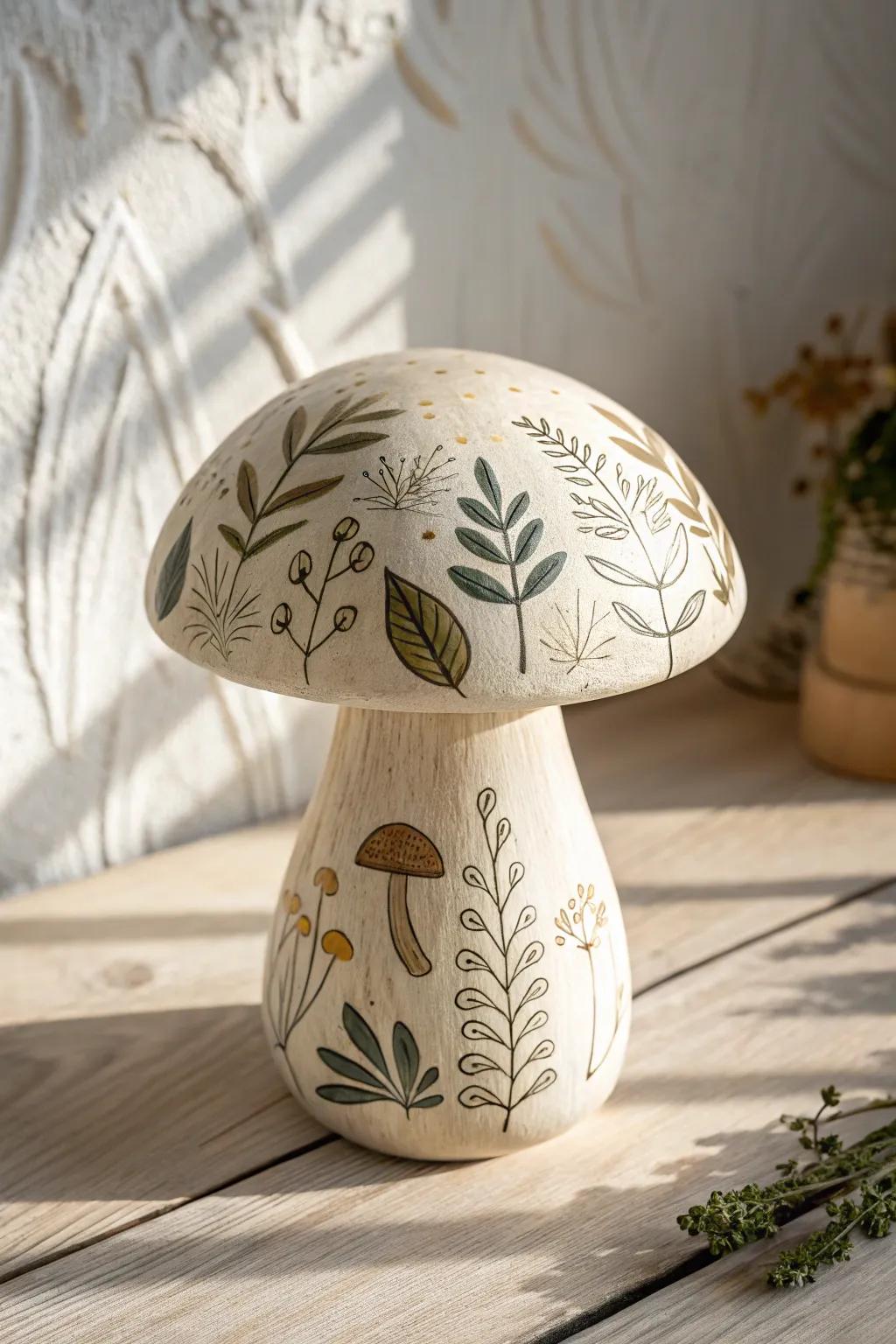 Embrace the tranquility of nature with this beautifully crafted mushroom adorned with nature-inspired designs.