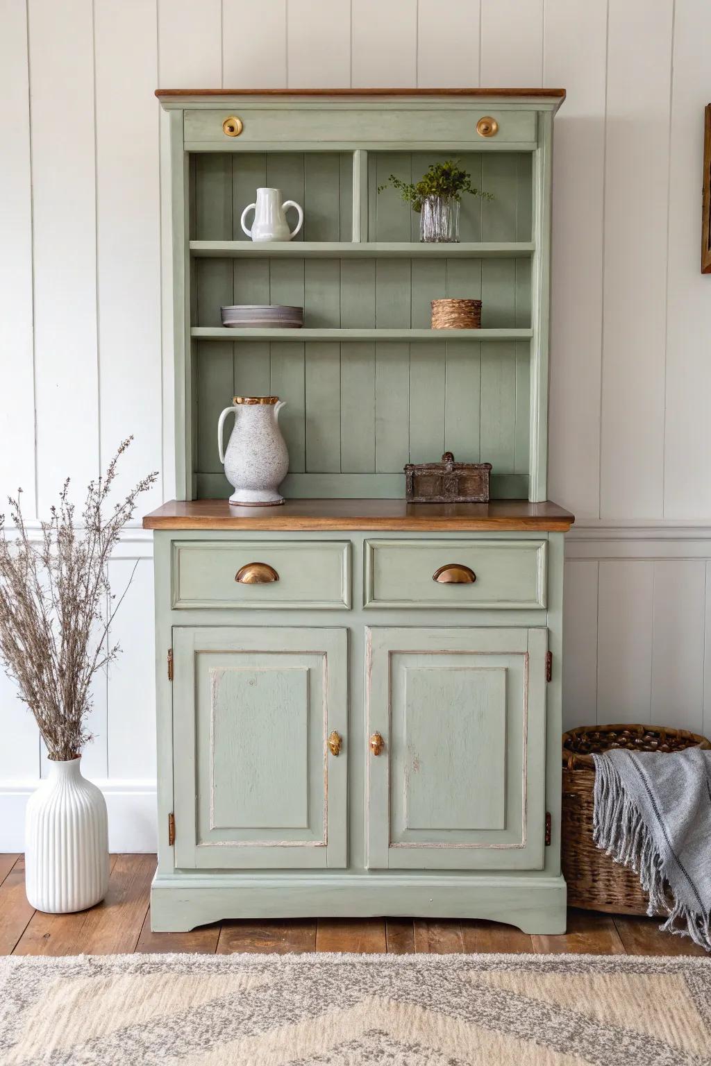 Soft sage painted buffet + hutch: calm cottage color that flatters even the busiest trim.