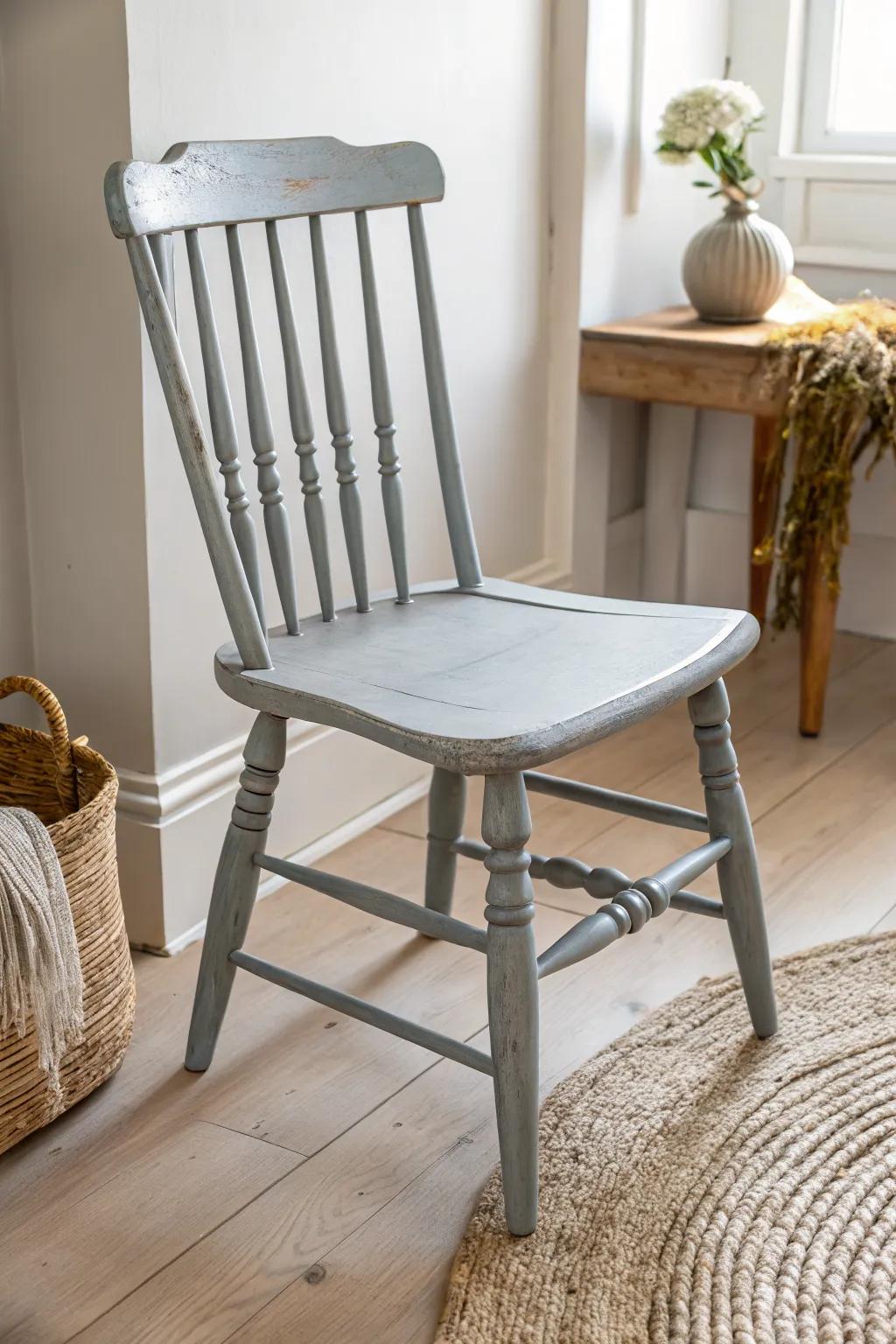Warm gray spindle-back chair paint: calm, forgiving, and beautifully highlights the shape.