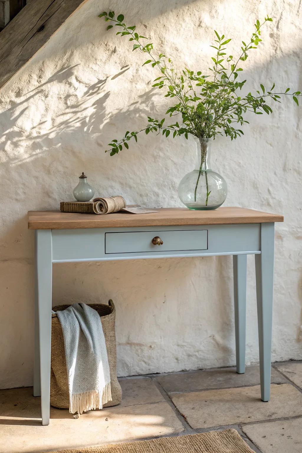 Soft blue chalk-painted console table with airy greenery for an effortless coastal hallway.